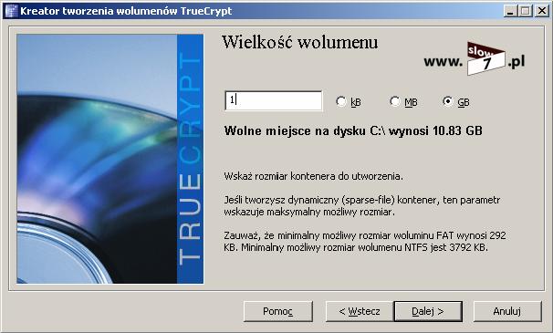 Rysunek 37 TrueCrypt wielkość wolumenu Wybór sposobu zabezpieczenia naszego wolumenu.