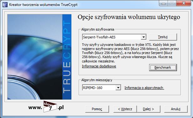 Rysunek 55 TrueCrypt wolumen ukryty Ustalamy opcje szyfrowania wolumen ukrytego. Tutaj wykorzystam szyfrowanie kaskadowe i skorzystam z kombinacji algorytmów Serpent Twofish AES.