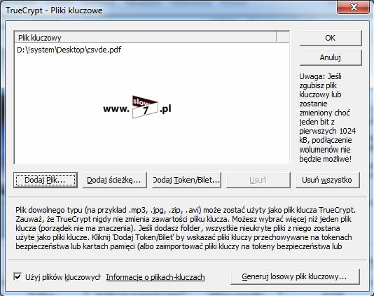 Rysunek 59 TrueCrypt dodanie pliku kluczowego Po ustaleniu pliku klucza,