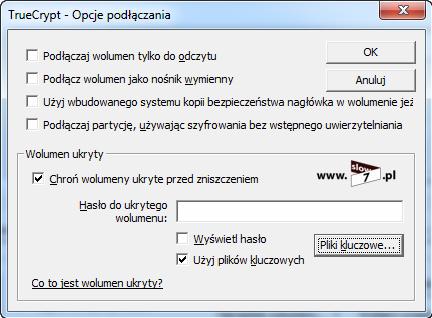 W nowo otwartym oknie, zaznaczamy Chroń wolumeny ukryte przed zniszczeniem, musiałem dodatkowo wskazać Użyj plików kluczowych i