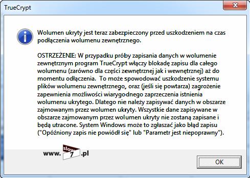 Rysunek 63 TrueCrypt określenie opcji podłączania Po poprawnym wskazaniu pliku klucza, uzyskujemy informację o zabezpieczeniu