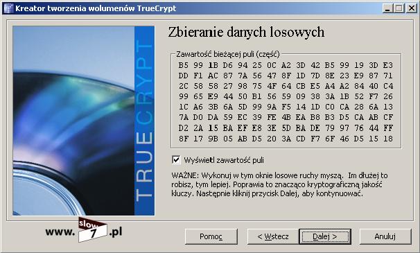 Rysunek 73 TrueCrypt ustalenie zabezpieczenia Zbieranie danych losowych.