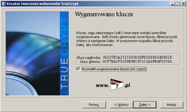 Rysunek 75 TrueCrypt generacja kluczy W kolejny oknie zostanie wygenerowana płyta ratunkowa,