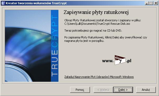 Rysunek 78 TrueCrypt nagrywanie płyty ratunkowej Po prawidłowej