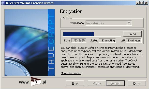 partycji/dysku i szybkości samego dysku. Oczywiście na całkowity czas szyfrowania wpływa wybrany tryb wymazywania.