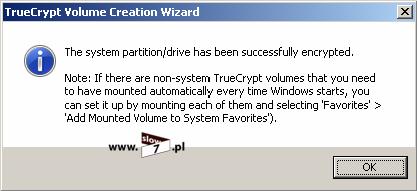 Rysunek 86 TrueCrypt podsumowanie Od tej pory by uruchomić nasz system będziemy musieli na ekranie bootloadera wpisać nasze hasło.