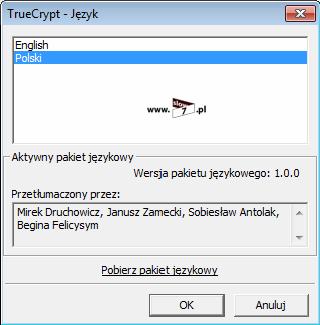 Rysunek 89 TrueCrypt Opcje Język Skróty klawiaturowe do najczęstszych operacji możemy przypisać skrót klawiaturowy.