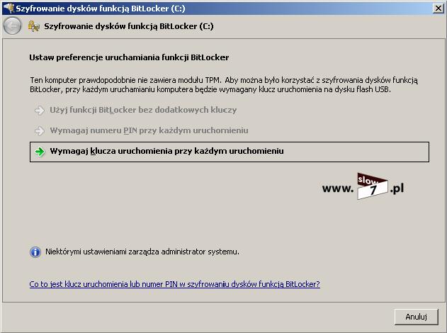 Rysunek 8 BitLocker wybór preferencji, wybór klucza uruchomienia Wskazujemy nośnik wymienny na którym