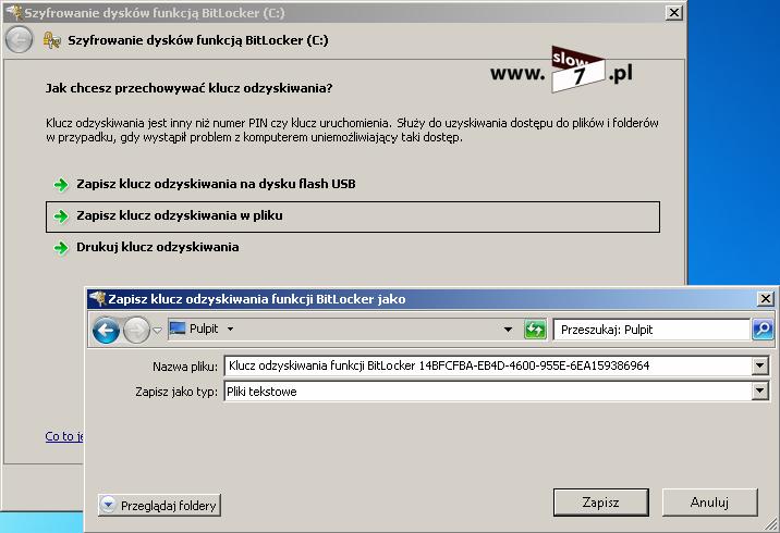 Rysunek 10 BitLocker Zapis klucza odzyskiwania Po zapisaniu klucza odzyskiwania możemy przystąpić do