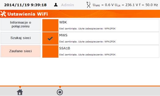 Klikając przycisk Zaufane sieci wyświetla się sieci już zapisane w mierniku.