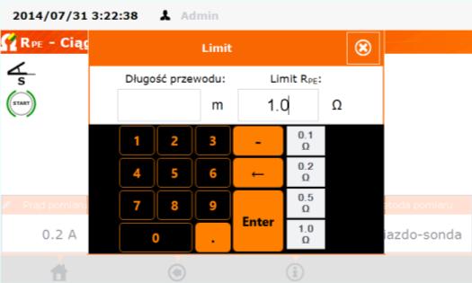 długość przewodu PE - przy pomocy klawiatury lub górną granicę (limit górny) rezystancji R PE - przy pomocy klawiatury lub wybrać jedną z wartości zdefiniowanych, metodę