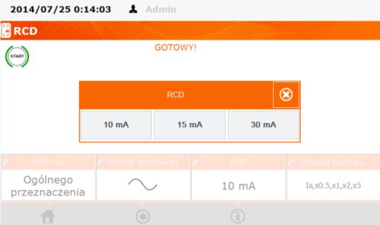4.12 Pomiar parametrów RCD stacjonarnych Podłączyć wtyczkę sieciową miernika do badanego gniazda. Kliknąć przycisk RCD.