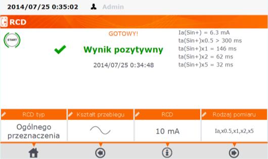 Włączać RCD każdorazowo po jego zadziałaniu. Po zakończeniu pomiaru odczytać wynik. Urządzenia z RCD pomiar w trybach AUTO, patrz punkt 4.13.