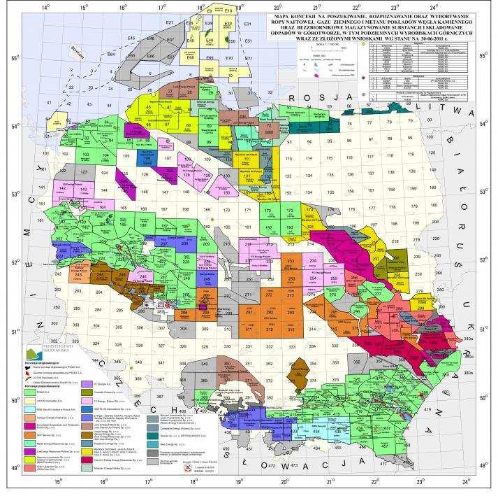 Mapa koncesji (stan na 1 lipca 2011 r.) Źródło: http://gazlupkowy2011.pl/pl/d-16/hotels/gaz-lupkowy.html 8.09.2011 r. Stosownie do podpisanego kontraktu długoterminowego (do 2034 r.