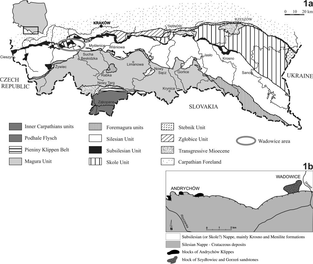 Marek CIESZKOWSKI, Jan GOLONKA & Anna WAŚKOWSKA Figure 1: 1a. Location of the study area (grey ellipse) on the tectonic sketch-map of the Polish sector of the Carpathians. 1b.