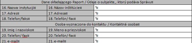 Pola 16-18 dotyczą danych kontaktowych instytucji składającej raport z postępów realizacji projektu - powinny być wpisane zgodnie z zapisami umowy o dofinansowanie projektu/wniosku o dofinansowanie.