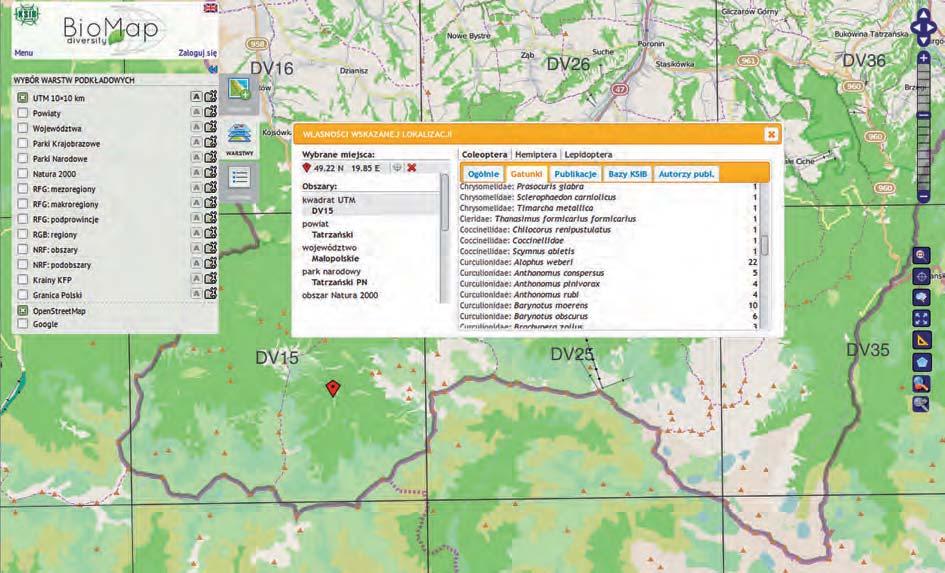 An example of the visualization of distributional data on species through GIS server (gis.biomap.pl).