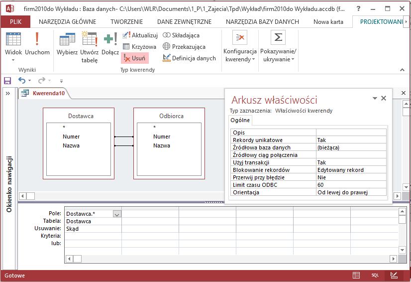 delete distinctrow Odbiorca.* from Dostawca inner join Odbiorca on (Dostawca.Numer=Odbiorca.