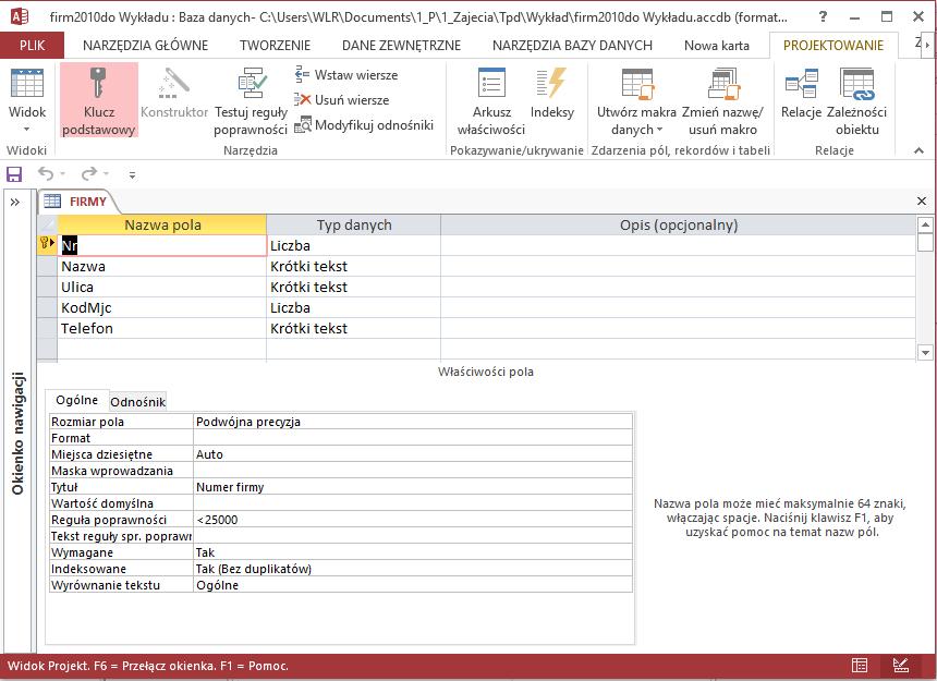 Definicja tabeli w MS ACCESS (język graficzny) dr