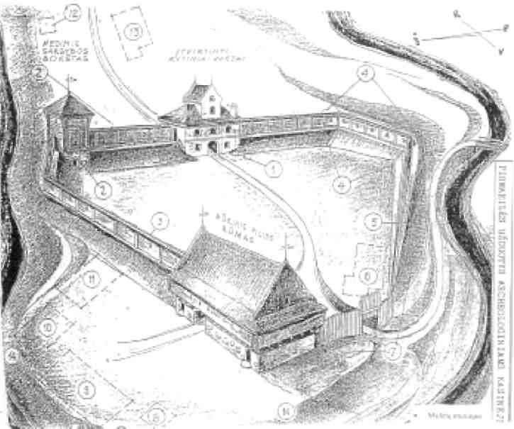 3. Baltadvario gynybinių įtvirtinimų atstatymo schema, parengta pagal 1628, 1645, 1695 ir 1841 m. pilies ir dvarvietės inventorius. 51 1. Rytinių vartų pastato rizalitas; 2.