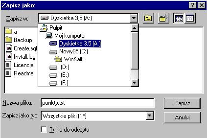 Instrukcja obsługi programu WinKalk 18 Interesują nas na nim tylko elementy Nazwa pliku i Stacje dysków. Rozwijamy listę Zapisz w:" i wybieramy element Dyskietka 3.