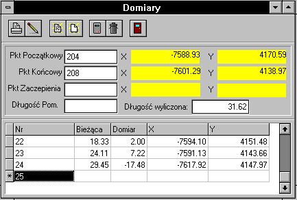 Instrukcja obsługi programu WinKalk 44 5.3 Opcja Pomiary W opcji Pomiary zostały zgromadzone funkcje przeliczania wyników pomiarów na współrzędne. 5.3.1 "Domiary" Obliczanie domiarów od zadanej prostej pomiarowej.