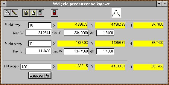 Instrukcja obsługi programu WinKalk 50 Na podstawie podanych wartości dwóch kątów i przewyższeń pomierzonych do pikiety i numerów punktów z których zostały pomierzone są obliczane współrzędne pikiety.