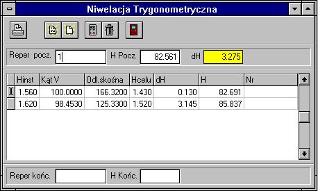 tachimetrii teodolitem z dalmierzem kreskowym. Funkcja ta działa podobnie jak Tachimetria. Na podstawie podanych odczytów koła poziomego i kresek niwelatora są obliczane współrzędne X Y H pikiety.