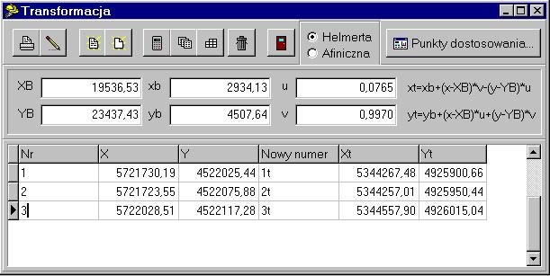 Instrukcja obsługi programu WinKalk 62 Po wpisaniu punktów naciskamy przycisk i parametry transformacji pojawiają się w polach tekstowych powyżej tabeli.