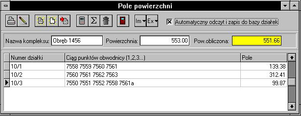 Instrukcja obsługi programu WinKalk 64 5.4.7 "Pole powierzchpi" Obliczanie pól powierzchni wieloboków.