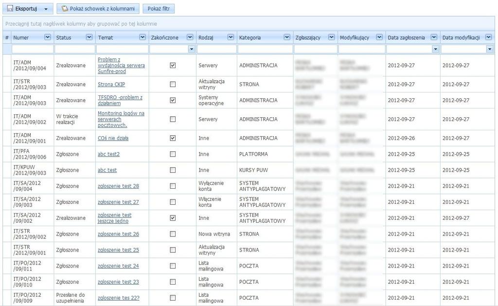 b. Tworzenie filtru Poniżej widzimy przykładową listę zgłoszeo.