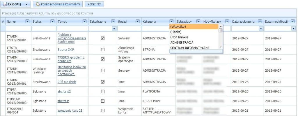 Antyplagiatowy - Poczta Przykładowo interesują nas zgłoszenia z kategorii Administracja.