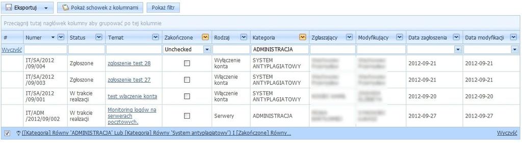 W tym momencie, na liście zadao widoczne są jedynie niezakooczone wątki z kategorii Administracja oraz System antyplagiatowy : Natomiast