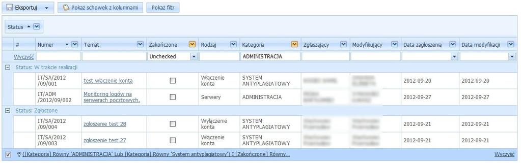 Grupowanie wątków W celu lepszej organizacji danych, wątki wyświetlane w liście zadao możemy pogrupowad np. według statusu.