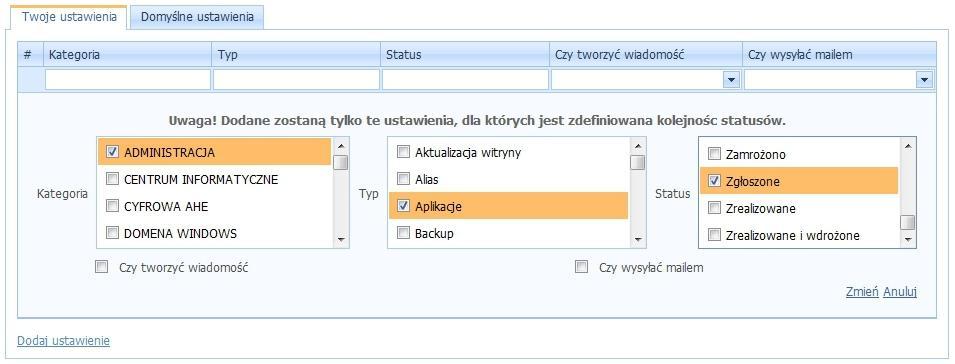 Wybieramy kategorię, typ oraz status dotyczące powiadamiania, które chcemy wyłączyd, następnie