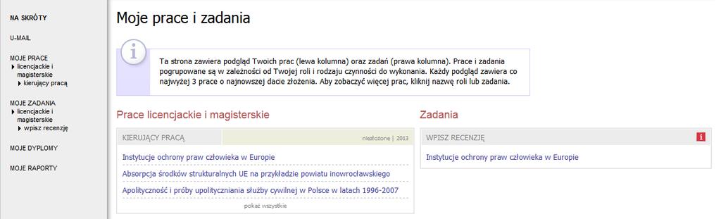 IV. Promotor i recenzent wystawianie recenzji Aby przejść do zadania wpisywania recenzji należy kliknąć