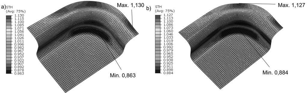 ozkład grubości ścianki wytłoczek dla zagłębienia stempla 6 mm (a, d), 11 mm (b, e), 16 mm (c, e); a,b,c - model