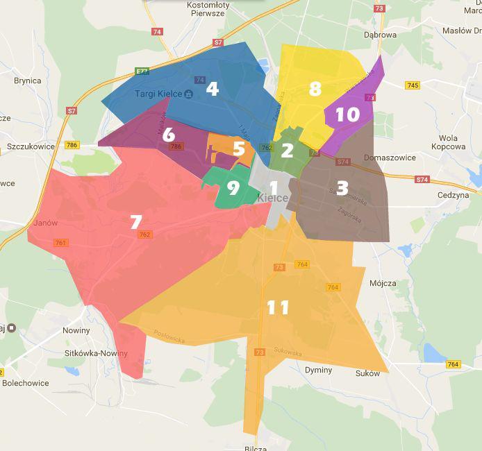 Źródło: juszczyk.be/mapa.html LEGENDA 1. Rejon Opiekuńczy Śródmieście, ul. Kościuszki 25, 25-007 Kielce, tel.: 41 368 07 71 2. Rejon Opiekuńczy Szydłówek, ul. Miodowa 7, 25-553 Kielce, tel.