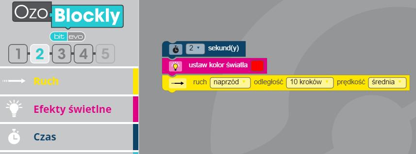 Nie będziemy zapisywać i wgrywać programu na dysk. Ćwiczenie 1. Zaczynamy od napisania najprostszego programu składającego się z 3 bloków (czekaj 2 sek.