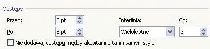 Na ekranie pojawia się okno, w którym możemy ustawić odstępy zarówno między wierszami (po prawej stronie), jak i całymi akapitami (po lewej). 7. Tworzenie wcięć akapitu.