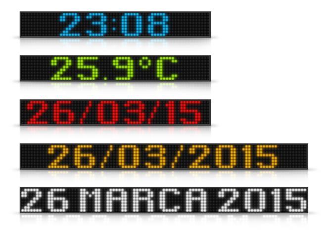 Zegar, kalendarz, termometr W standardzie zapewniona możliwość wyświetlenia: - aktualnej godziny - daty (8 formatów prezentacji + słowne nazwy dni tygodnia i nazwy miesięcy w wybranym języku) -