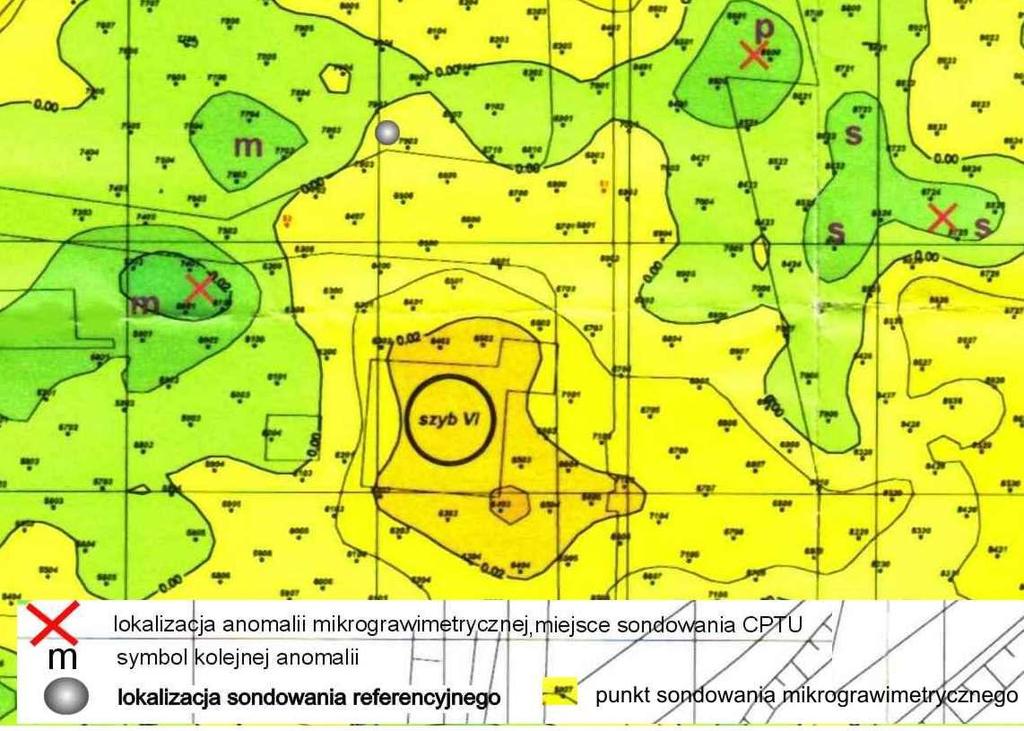 Strefy występowania rozluźnienia gruntu... 125 Rys. 1. Mapa anomalii mikrograwimetrycznych w rejonie szybu VI KWK Szczygłowice, z zaznaczonymi miejscami sondowania CPTU [1] Fig. 1. Maps of microgravimetry anomally in Szczyglowice Coal Mine region with Cone Penetration Test (CPTU) point [1] 3.