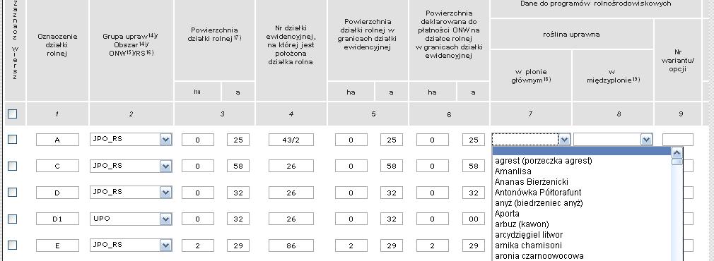 Wypełnianie wniosku oświadczenie o sposobie wykorzystania działek rolnych Jeśli wniosek składany był w poprzednim roku, sekcja VIII jest wstępnie spersonalizowana danymi działek rolnych zgłoszonych