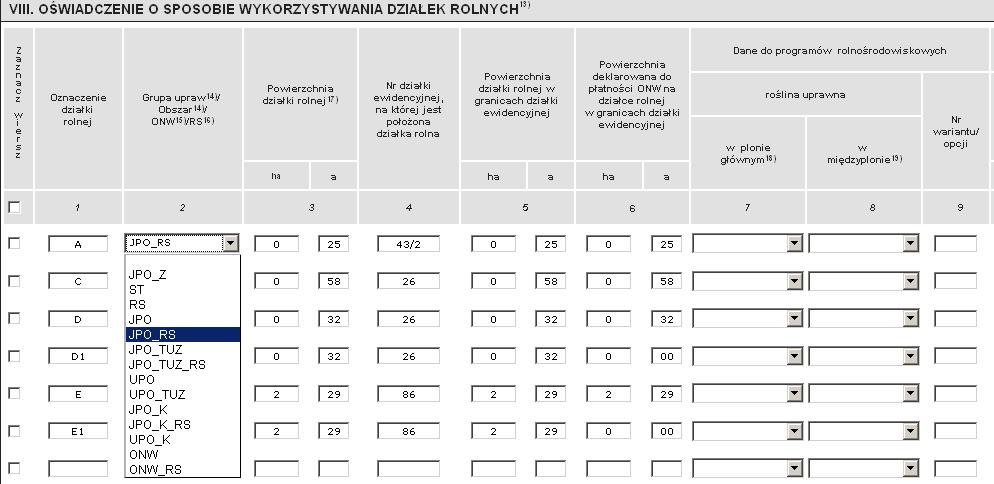 Wypełnianie wniosku oświadczenie o sposobie wykorzystania działek rolnych, dodanie nowej działki rolnej W celu dodania nowej działki rolnej należy wprowadzić następujące dane: oznaczenie działki