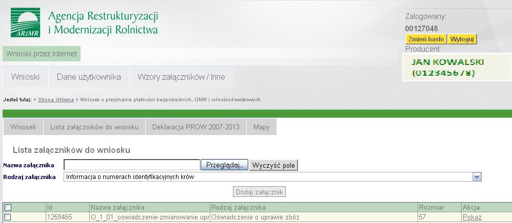 Po użyciu przycisku dodaj załącznik lista załączników zostanie