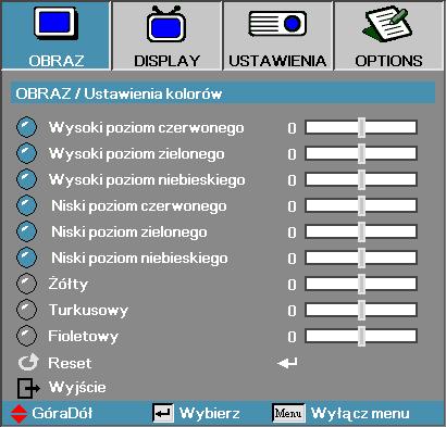 Elementy sterowania użytkownika OBRAZ Ustawienia kolorów 28 Wzmocnienie Ustawienia wzmocnienia RGB dla następujących kolorów: Czerwony zwiększa lub zmniejsza wzmocnienie czerwonego.