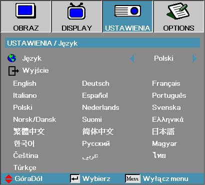 Elementy sterowania użytkownika USTAWIENIA Język Język Wybierz wielojęzyczne menu OSD.