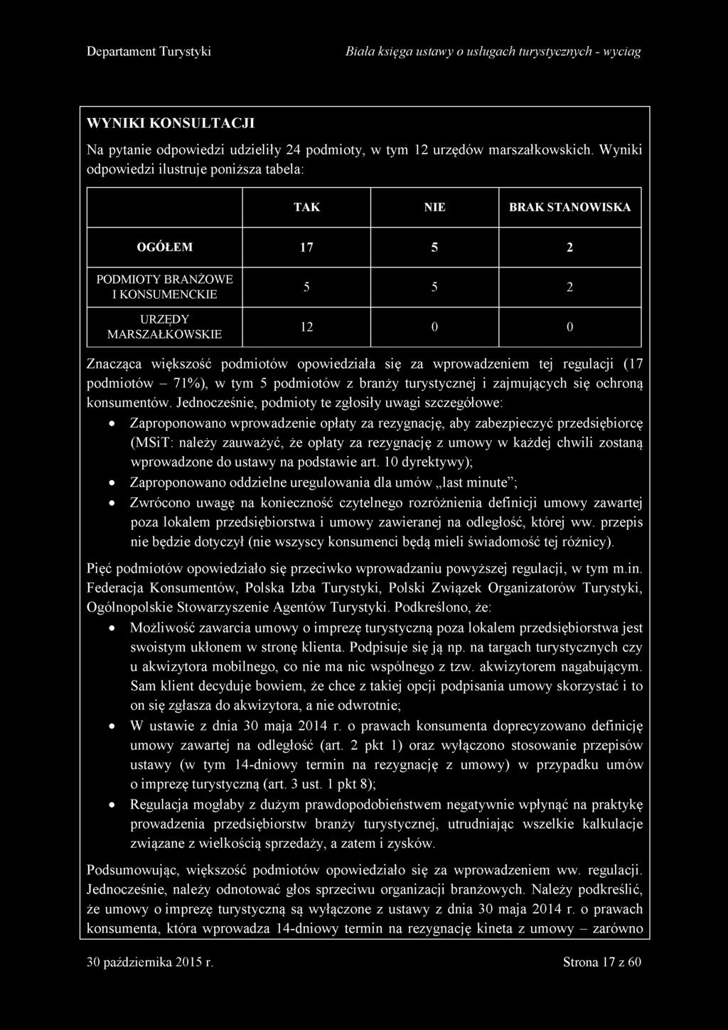 wprowadzeniem tej regulacji (17 podmiotów - 71%), w tym 5 podmiotów z branży turystycznej i zajmujących się ochroną konsumentów.