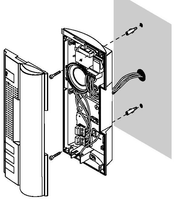 Aby zamontować unifon w wersji wiszącej należy wykonać opisane poniżej czynności. 1) Rozłożyć obudowę unifonu zwalniając plastikowe zatrzaski przy użyciu ostrza wkrętaka (Rys 11).