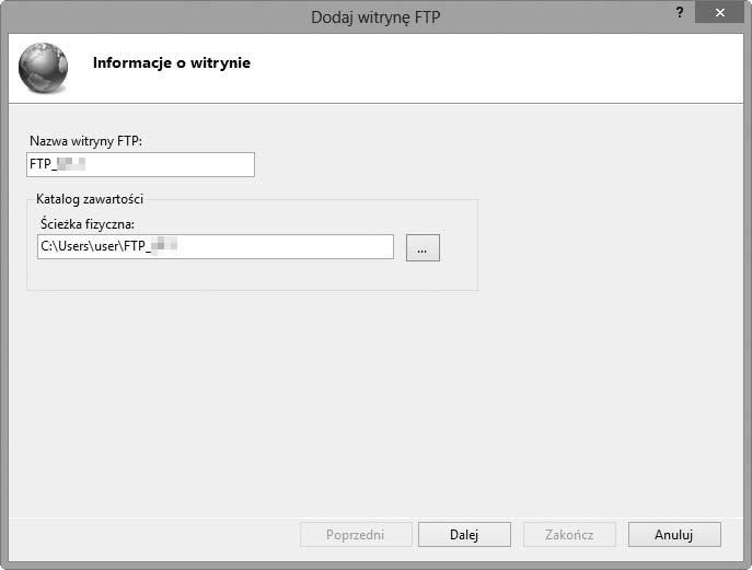 10 Wpisz informacje dotyczące witryny. Nazwij witrynę i wybierz ścieżkę do folderu, który będzie używany do przesyłania FTP. Kliknij Dalej, aby przejść dalej.